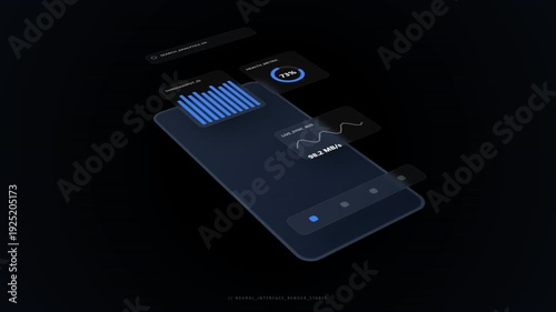 Isometric App UI Prototype with Floating Neuromorphic Glass Elements on Transparent Background Animation