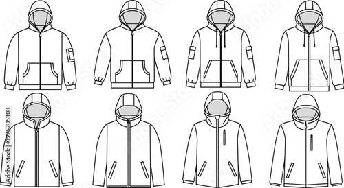Collection of Men Performance Outerwear Vector Technical Sketches Featuring Zip Up Hoodies Fleece Jackets and Parkas for Fashion Apparel Design