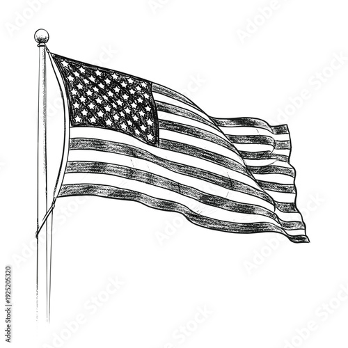 Sketch of the American flag waving proudly on a flagpole against a white background