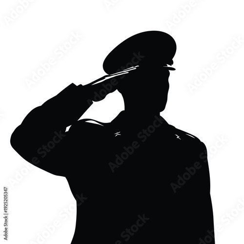 Silhouette of a military officer in uniform saluting with respect and honor