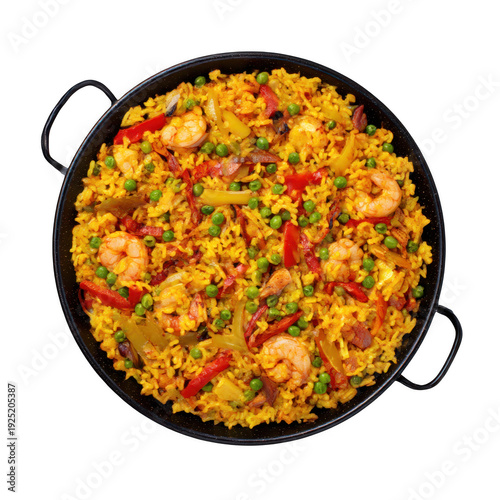 Shrimp and vegetable paella in a black pan isolated on transparent background