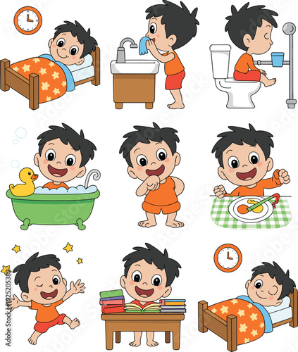 Cute little boy daily routine cartoon vector set showing sleeping, brushing teeth, toilet training, bathing, eating breakfast, studying, and playing isolated on white background