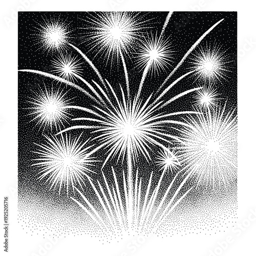 Explosion of white fireworks against a dark night sky, rendered in stipple art style