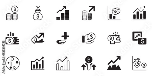 Monetary increase icons with cash bags growing graphs plus sign and dollar bills for wealth growth