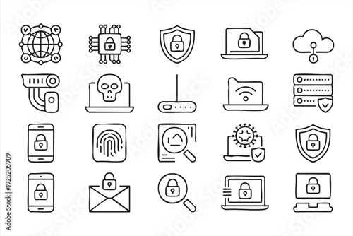 Minimal digital security vector icons featuring locks, shields, and data protection