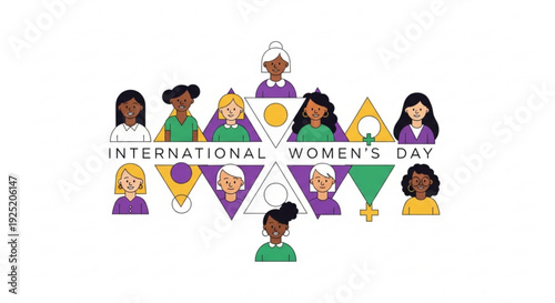 International women's day illustration with diverse women and triangular shapes