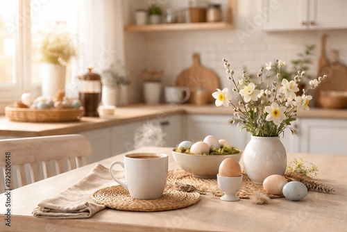 Wallpaper Mural Steaming cup of coffee sits near Easter breakfast setting with eggs and flowers. Cozy holiday morning in kitchen Torontodigital.ca