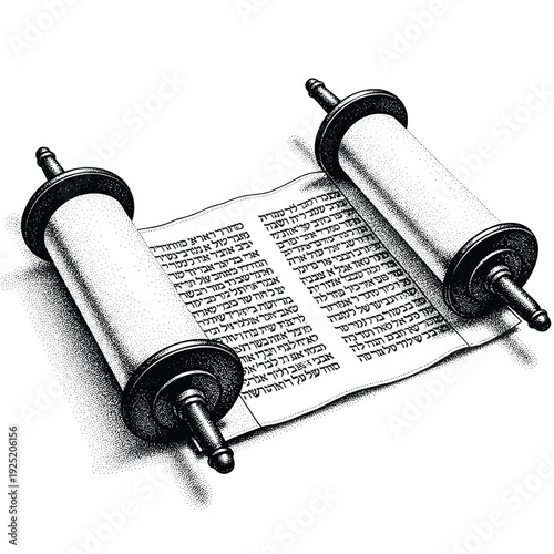 Ancient Hebrew scroll with sacred text unrolled on a white background, detailed illustration