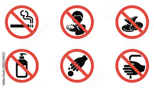 Set of red prohibition signs indicating no smoking, eating, drinking, washing hands, and sanitizing