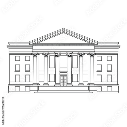 Classical building facade with Ionic columns and pediment, architectural line drawing