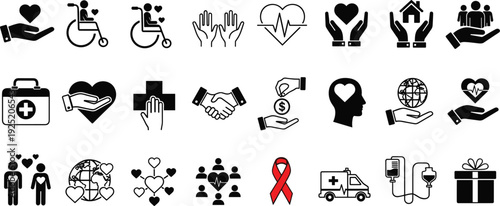 Charity and Healthcare Solid Icon Set with Donation, Support and Medical Symbols