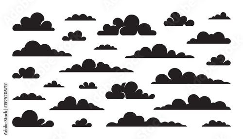 Large assortment of black cloud silhouettes, diverse collection for weather and graphic design applications
