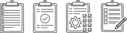 Checklist and Clipboard Line Icon Set with Task List, Approval, Settings and Form Symbols