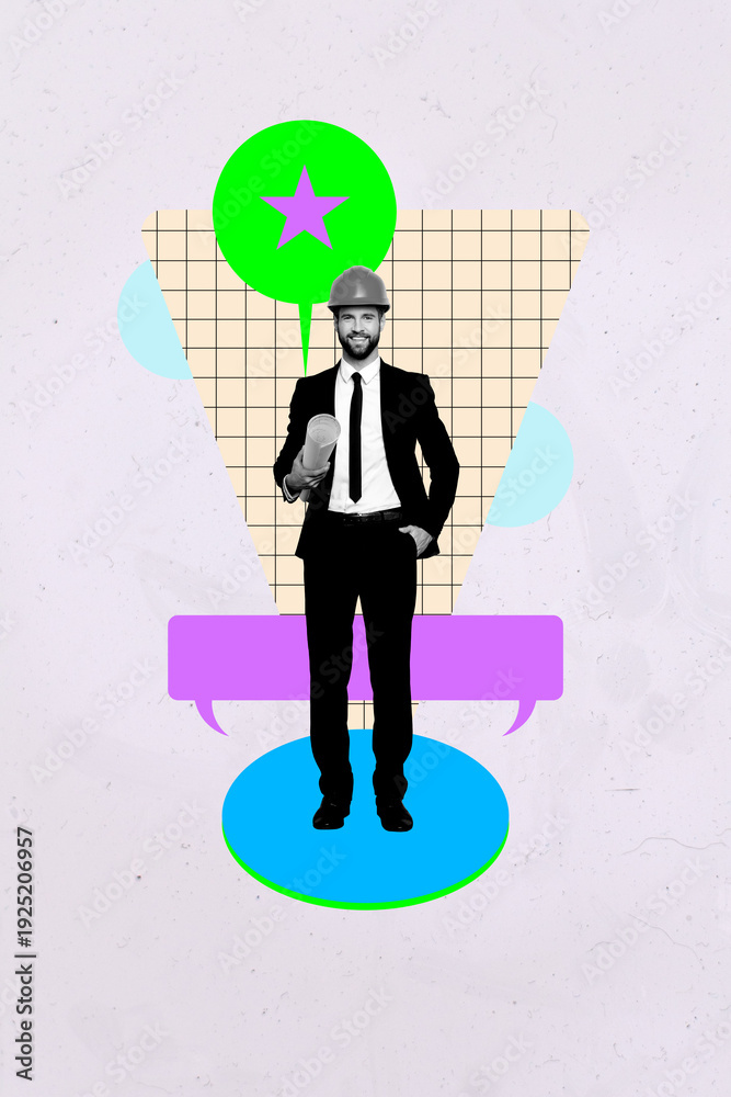 © deagreez - 3d pop zine image photo art collage of happy businesswoman businessman stand bubble communication star best mark achievement