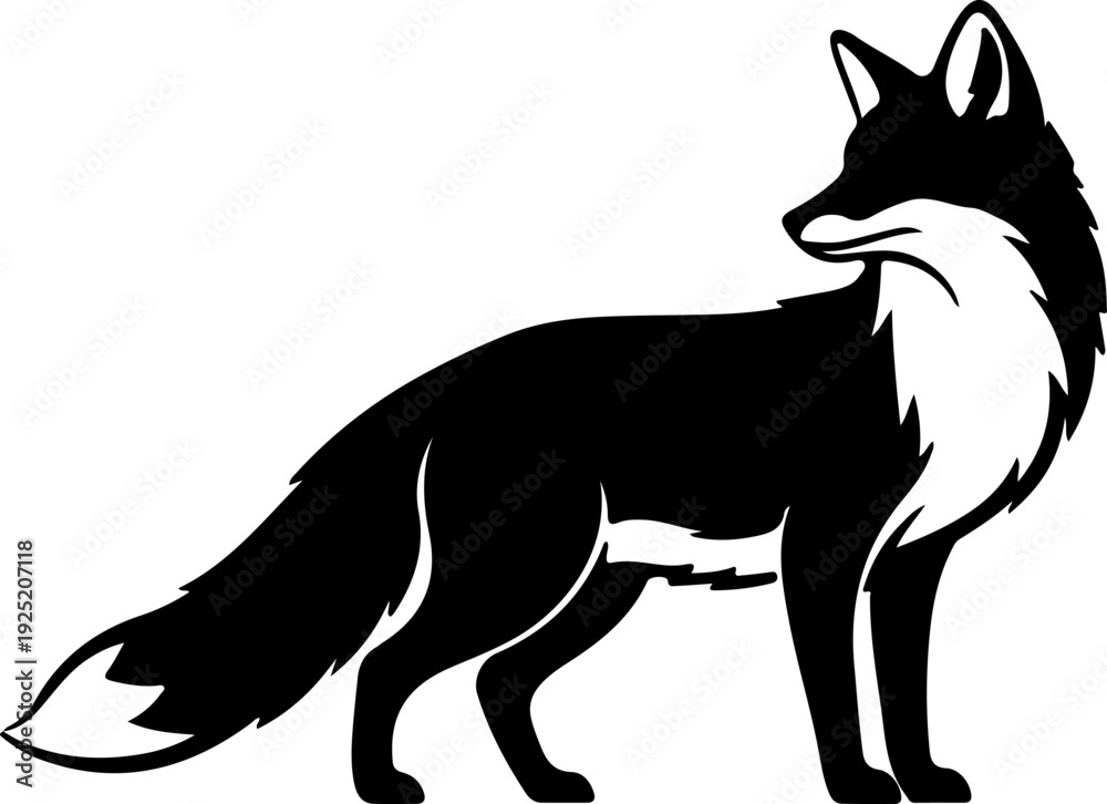 Fototapeta premium Elegant Stylized Fox Graphic Illustration in Black and White Silhouette, Showcasing Majestic Wild Animal Design for Branding and Art