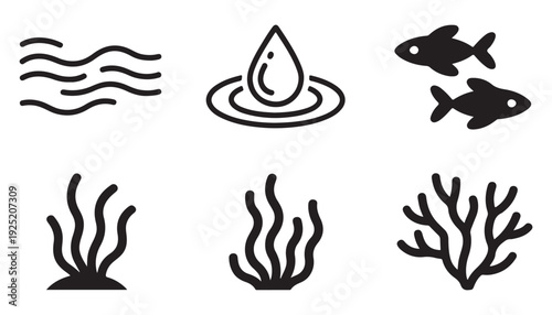 Set of simple black icons representing ocean life and water elements on white background
