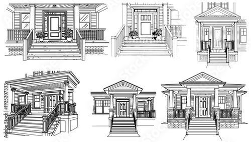 Classic residential architecture design showcasing detailed house entrance staircase and front view structure for real estate elevation blueprint inspiration.