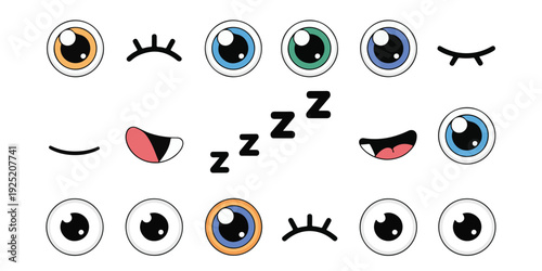 Cute cartoon eyes and mouths with eyelashes and sleep Zzz symbols facial expressions elements