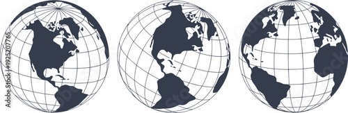 World globe vector illustration set, three stylized Earth views with continents and grid lines, educational geography design, global orientation graphic, map learning concept