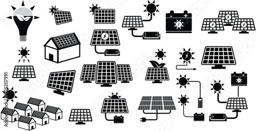 Comprehensive collection of black solid icons for solar energy systems, featuring solar-powered houses, battery storage, power grids, and eco-friendly light bulb concepts.