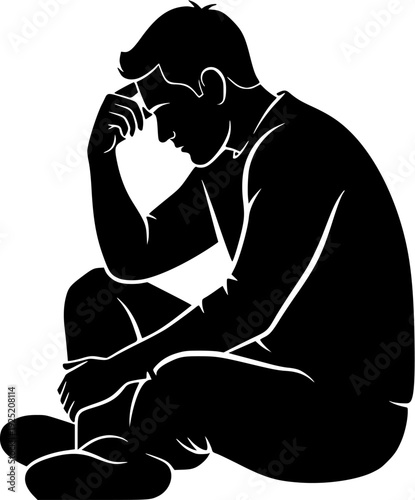 Sad Man Sitting Head Down Silhouette Vector Silhouette Illustration