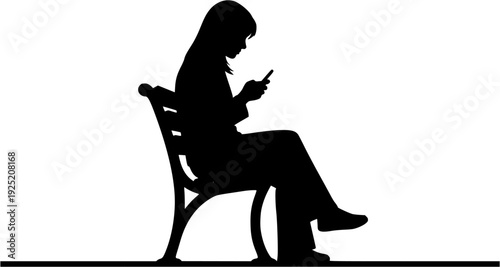 Woman Sitting Bench Using Phone Silhouette Vector Silhouette Illustration