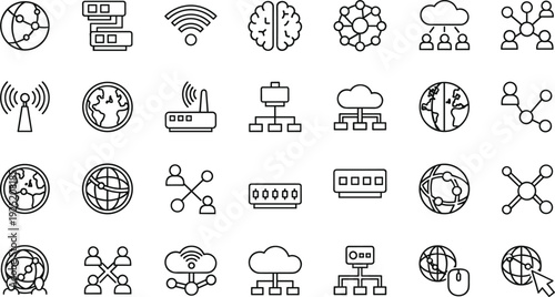 Network and Global Communication Line Icon Set with Cloud, Router, Globe and Connectivity Symbols