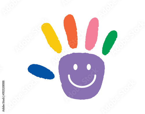Colorful inclusive symbol. Vibrant multicultural handprint image. Smiling handprint design for equality awareness. Diverse handprint illustration promoting community and social harmony
