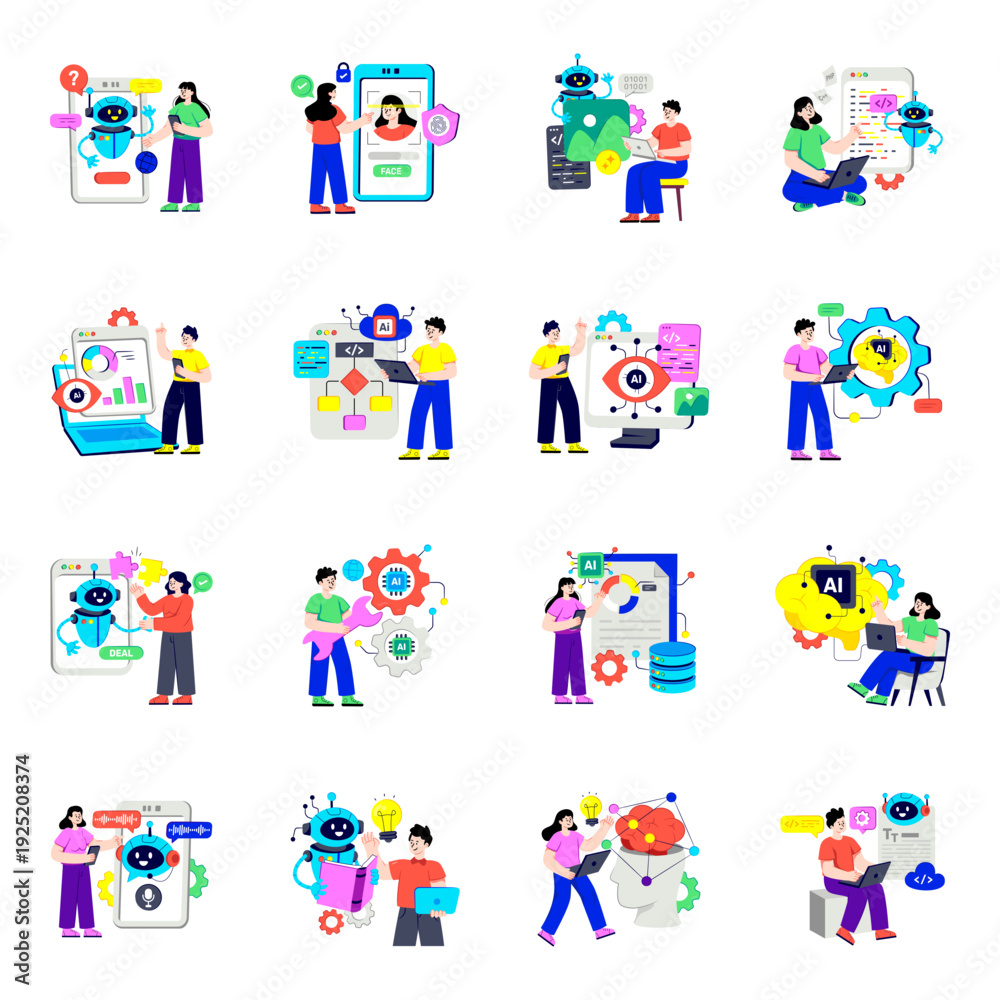 Fototapeta premium Set of Artificial Intelligence Flat Illustrations 