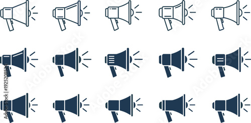 Set of 15 Megaphone Icons in Line and Solid Styles for Digital Marketing, Social Media Announcements, and Alert Notification Design