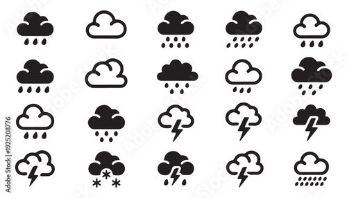 Collection of weather icons depicting rain, storms, lightning, snow, and clouds with precipitation