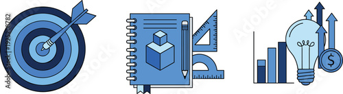 Goal Setting Achievement Icons with Target Planning Strategy Lightbulb Dollar Profit Growth Success Business Motivation Vector Illustration