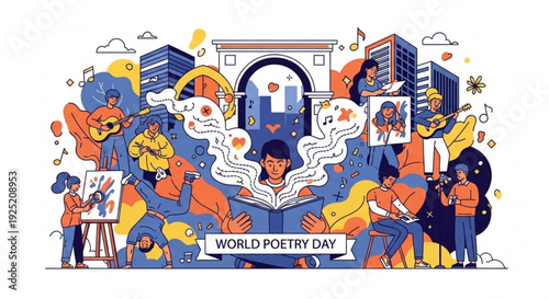 Vibrant world poetry day illustration with diverse people celebrating reading and writing in a cityscape