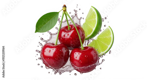 Three cherries and lime slices in water splash isolated on transparent background transparent background