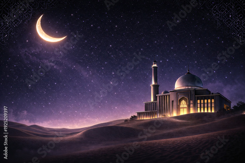 Elegant Ramadan Night Scene with Modern Mosque and Crescent Moon