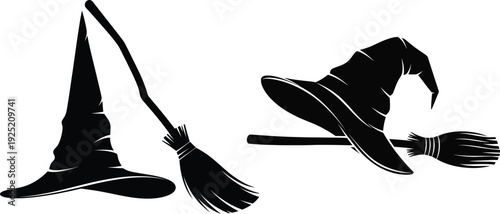 Black silhouette of a witch's hat and broomsticks on a white background