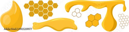 Collection of golden honey vector elements featuring a large glossy honey drop, flowing viscous spills, and various honeycomb grid structures in both solid gold and line art styles.