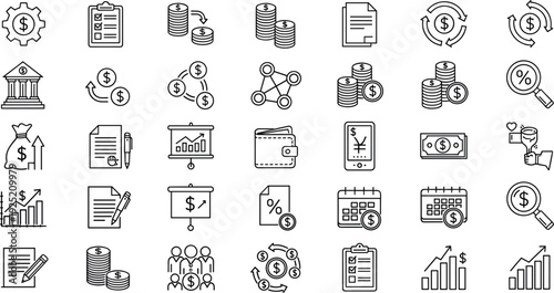 Financial management master icon set with 36 professional line art symbols