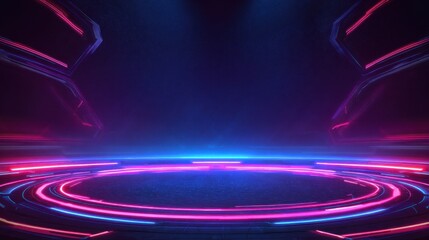 Futuristic digital stage with glowing neon pink and blue light circles and abstract geometric shapes on a dark background