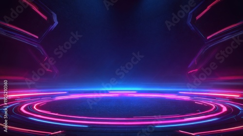 Futuristic digital stage with glowing neon pink and blue light circles and abstract geometric shapes on a dark background
