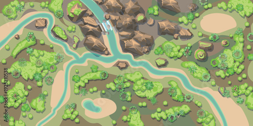 Top view jungle landscape map illustration with winding river, rocks, bridge, trees, bushes, and natural terrain. 