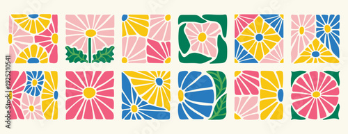 Muted modern chamomile block composition with delicate stylized blooms, balanced negative space, refined color palette lending calm vintage mood for branding, packaging, and interior accents.