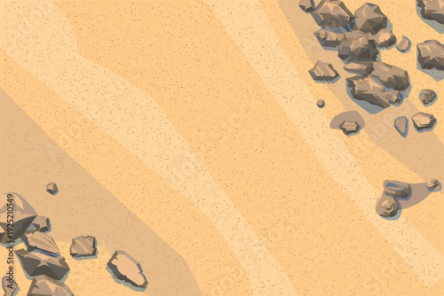 Top view desert landscape background with sand dunes and scattered rocks. Stylized arid terrain in flat vector design featuring textured sandy surface, stones, and natural patterns. 