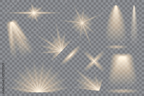 A set of vector illustrations of the light rays of a flashlight, multidirectional light from various lighting sources. Illumination. Top and side view.