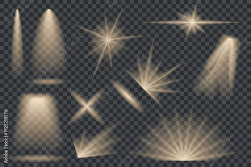 A set of vector illustrations of the light rays of a flashlight, multidirectional light from various lighting sources on the black background. Illumination. Top and side view.