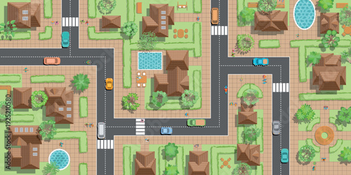 Top view suburban neighborhood map illustration with houses, roads, cars, gardens, trees, swimming pools, and pedestrian crosswalks. 