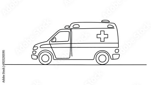  minimalist continuous line ambulance illustration, simple black outline emergency medical vehicle sketch isolated on white background, healthcare and rescue transport concept design