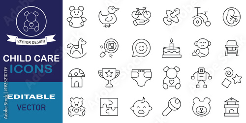 Child care line web flat style symbol collection. Set of line icons related to child safety, education, healthy eating, sleep, hygiene, crib, toys, kid rights and more. Vector illustration.