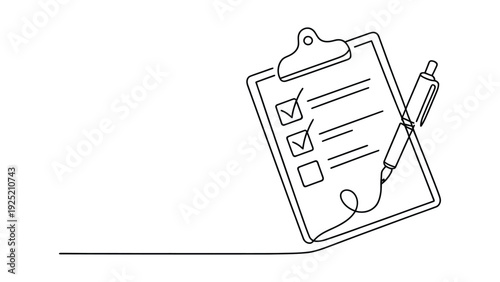 minimalist continuous line clipboard checklist illustration with pen, simple black outline task list sketch isolated on white background, business planning and survey concept design 