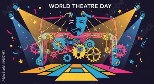 Vibrant world theatre day illustration with colorful stage gears and spotlights on dark background